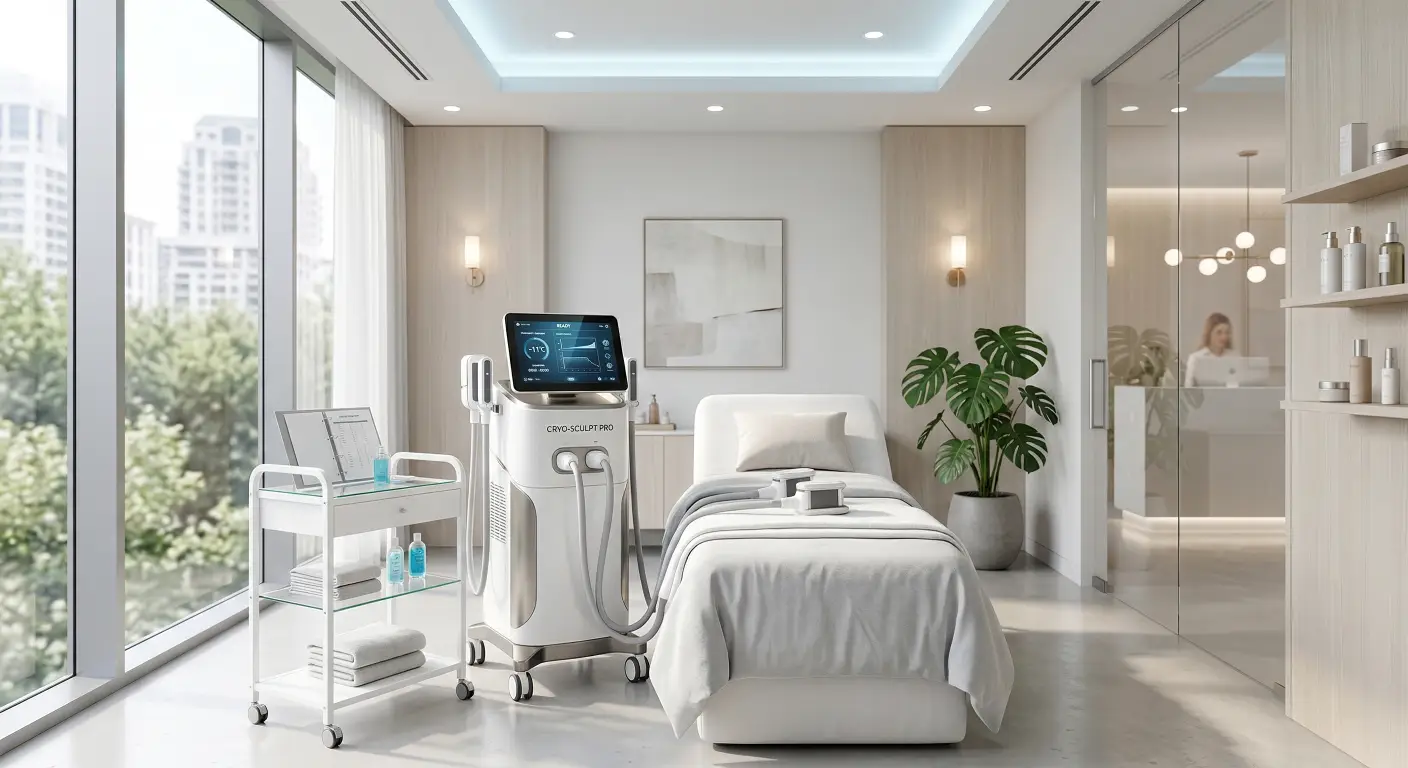 Professional cryolipolysis machine in a high-end aesthetic clinic setting. Professional cryolipolysis machine in a high-end aesthetic clinic setting.