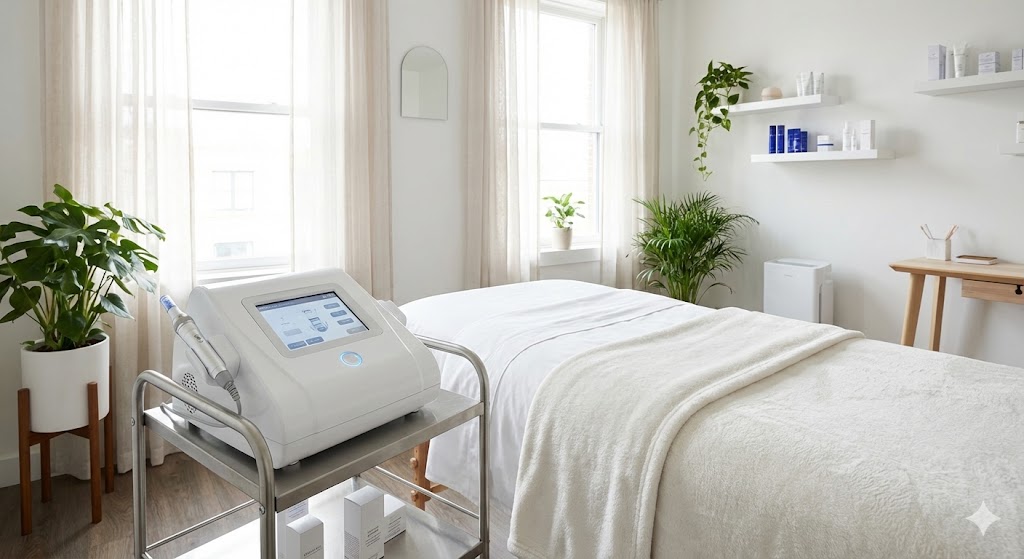 Máquina de microagujas profesional instalada en la sala de una moderna clínica de estética.