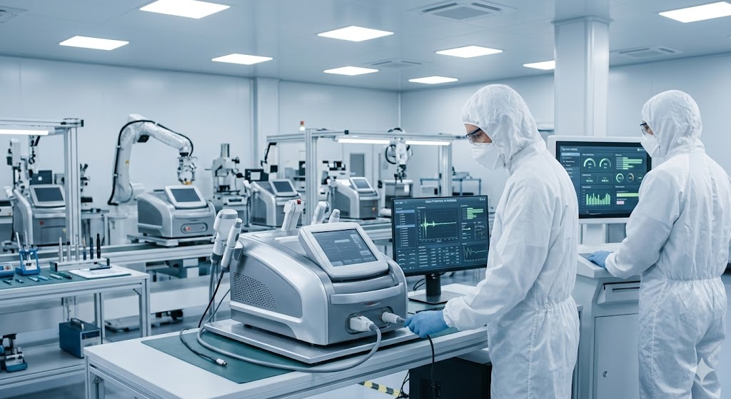 Quality control testing inside a professional beauty equipment manufacturing factory.