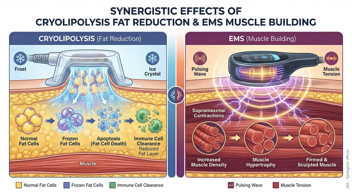Synergistic effects of cryolipolysis fat reduction and EMS muscle building. Synergistic effects of cryolipolysis fat reduction and EMS muscle building.