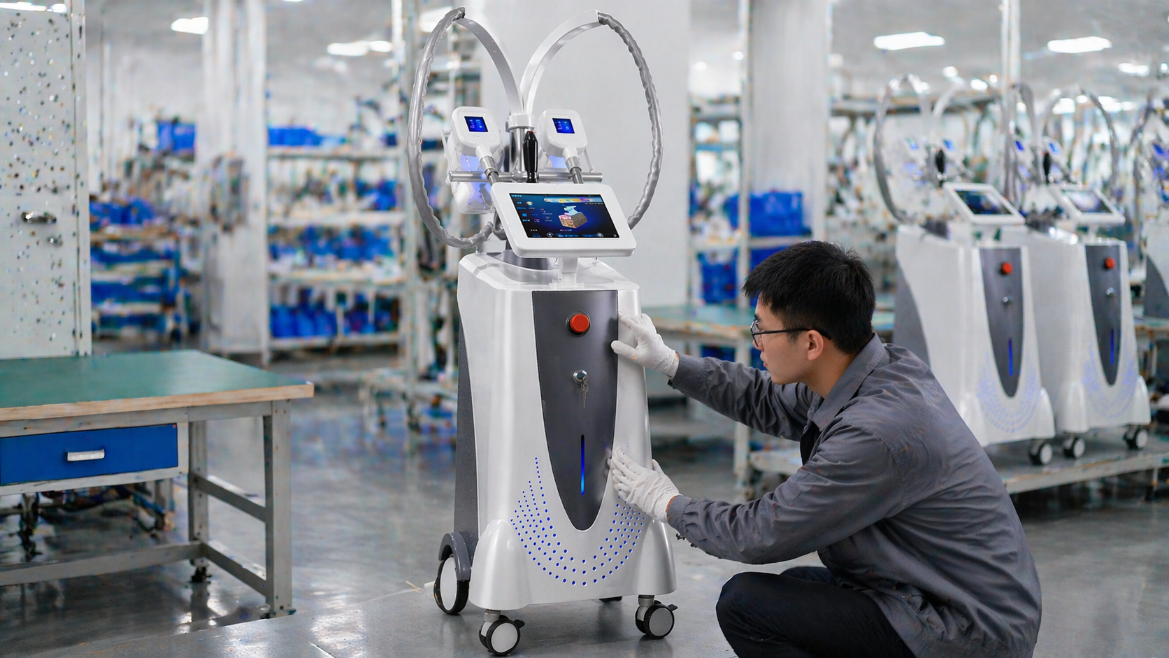 Technician inspecting a 360 cryolipolysis machine in a professional factory quality-control area