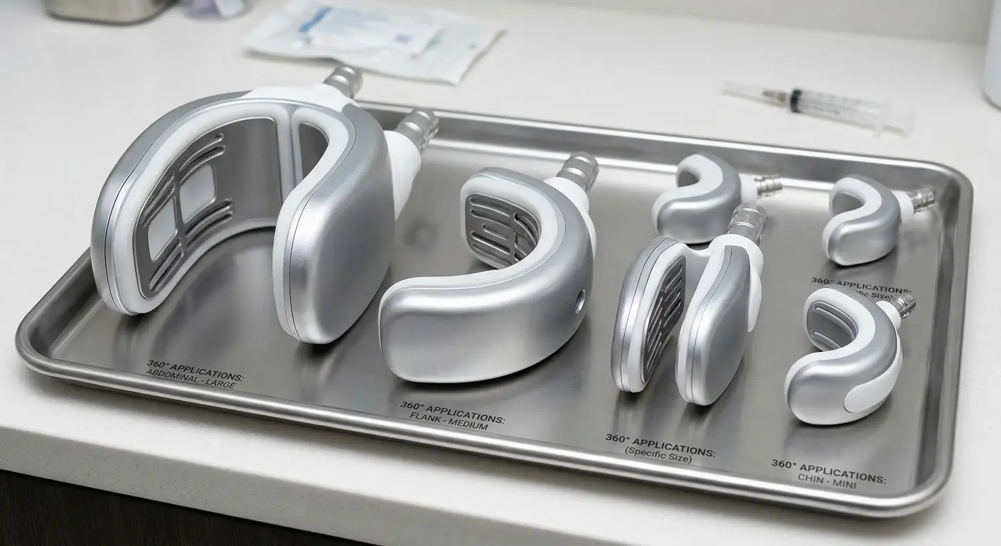 Various sizes of 360-degree cryolipolysis applicators for different body areas.